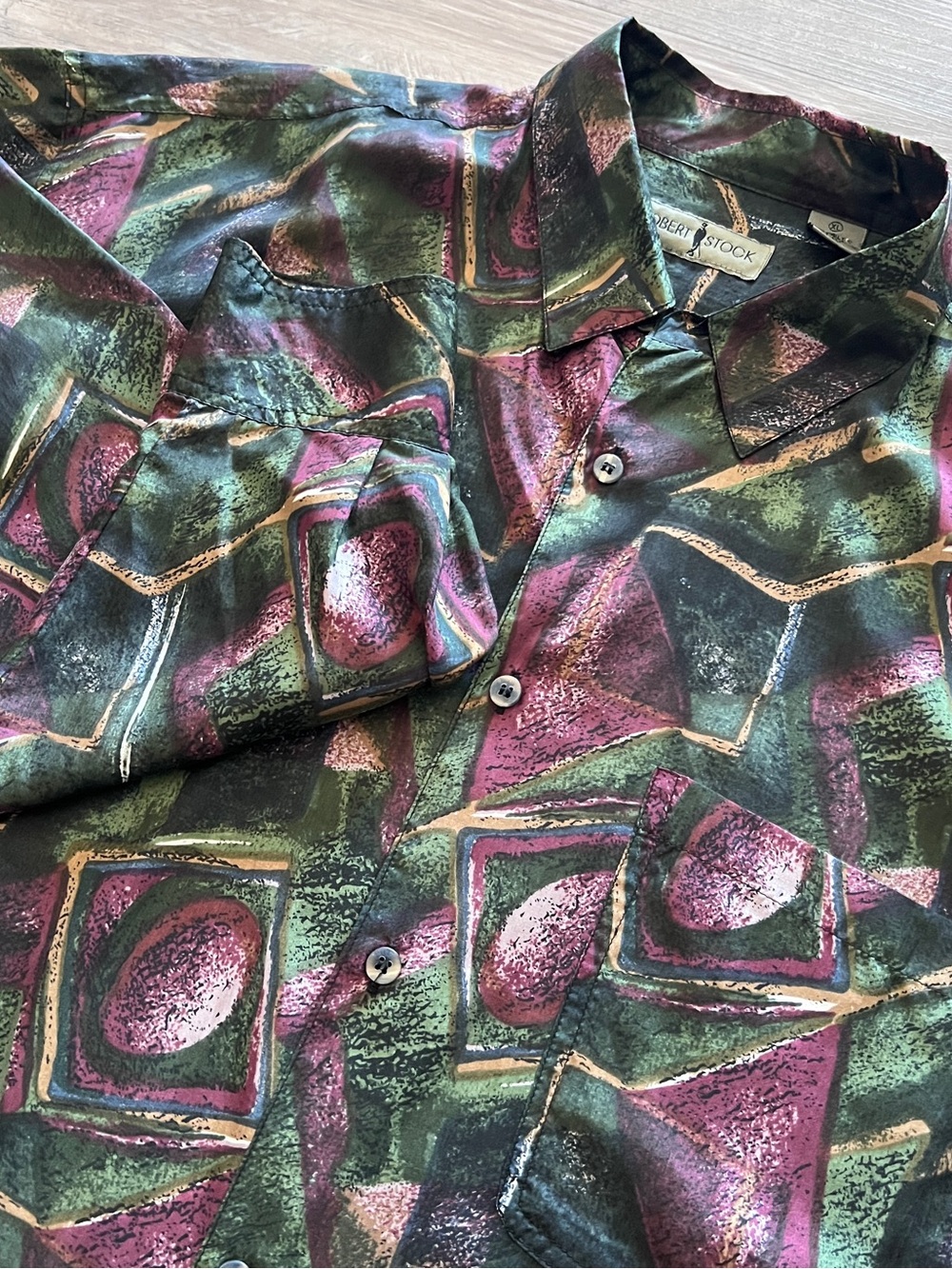 Robert Stock Shirt Abstract Burgundy/Green Button Up Long Slv Sz XL 100% Silk